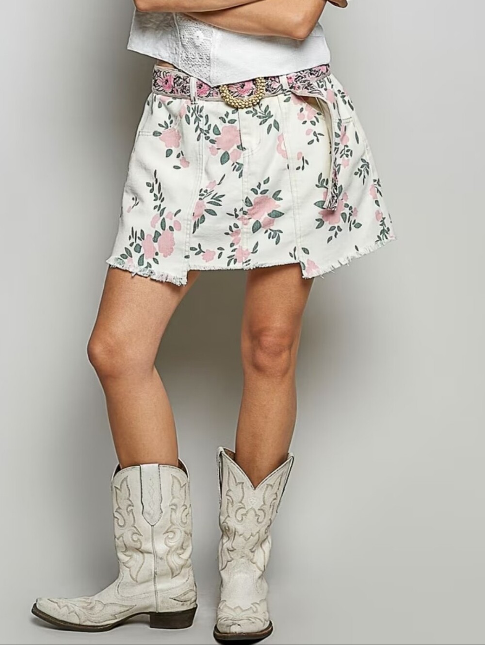300.POL White Floral A-Line Denim Mini Skirt with Pink Print